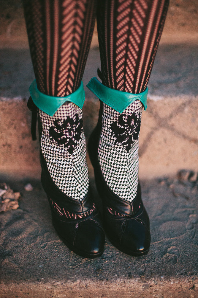 Turquoise Leather and Houndstooth Spats