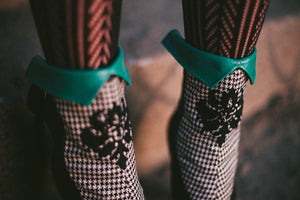 Turquoise Leather and Houndstooth Spats with flocked patch