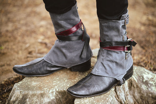 Charcoal waxed canvas gaiters with straps and buckles