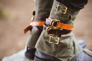 Olive waxed canvas gaiters with straps and buckles