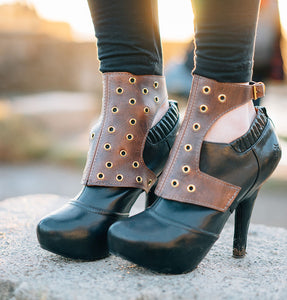 Distressed Brown Leather Spats with Brass Grommets