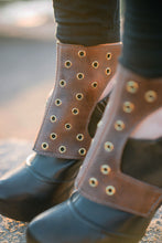 Distressed Brown Leather Spats with Brass Grommets
