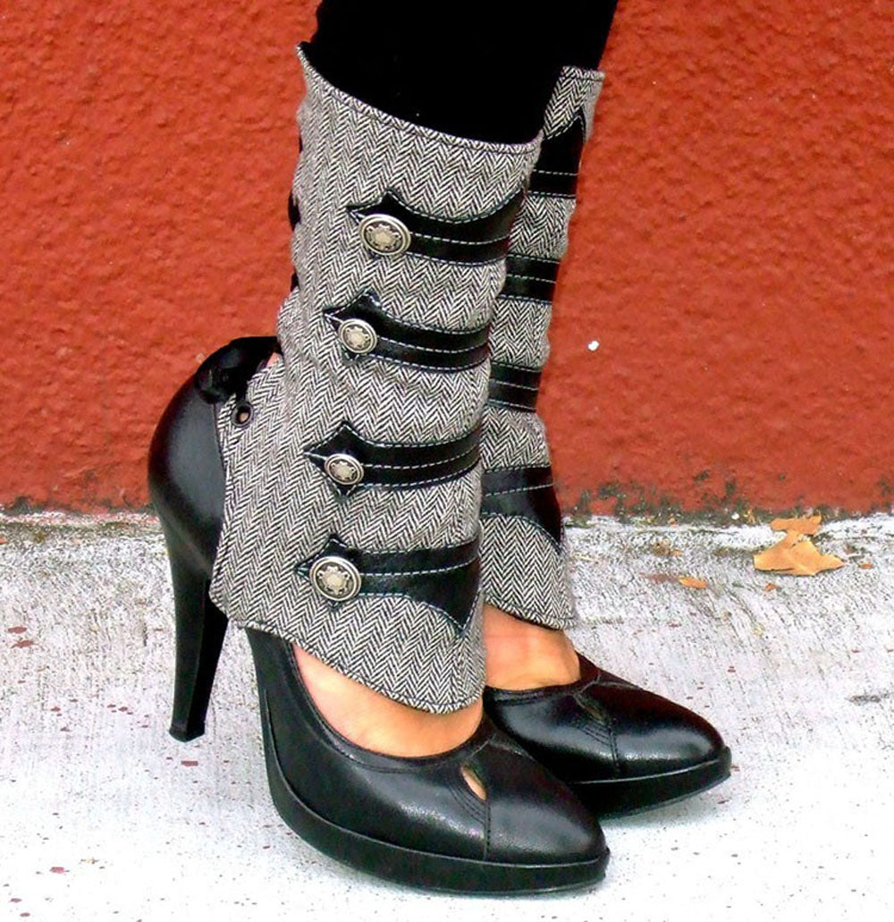 Grey wool herringbone and black leather appliqué spats with buttons