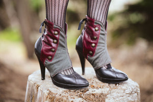 Steampunk burgundy leather spats with buttons