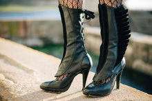 Black Leather Spats with Pleated Suede Wings