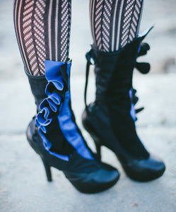 Romantic black and blue ruffled leather spats 