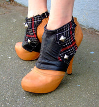 Tartan plaid and black leather spats with pyramid studs
