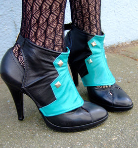 Turquoise and Black Leather Spats with Studs | Theia