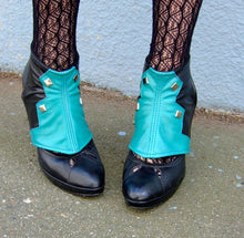 Turquoise and Black Leather Spats with Studs | Theia