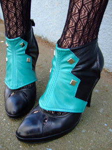 Turquoise and black leather spats with studs
